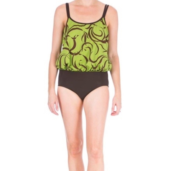Mainstream Green & Brown One Piece Swimsuit, Blouson, Double Strap, Lined, 8 NWT - Picture 7 of 8